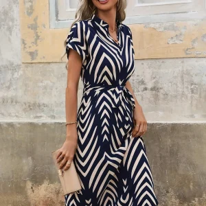 2024 Summer New Fashion Clothing Women's Elegant And Casual V-neck Short Sleeved Stripe Belt Comfortable Dress
