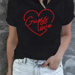 Ladies' casual short sleeved T-shirt - red heart-shaped "Guess Love" printed round neck top