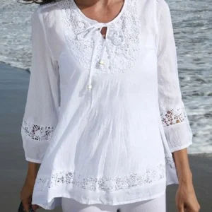 Womens Lace Patchwork Blouses ZANZEA 2025 Summer Bohemian Casual 3/4 Sleeves Blusas Shirts Casual Hollow Out Tunic Tops Beach