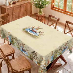 1 Easter Round Tablecloth, 5 Sizes Available, Retro Easter Bunny Egg Flower Print Square Tablecloth, Edge Embossing Process, Easter Spring Garden Tablecloth Decoration, Tablecloth for Daily Home Kitchen, Terrace Use, Easter Decoration