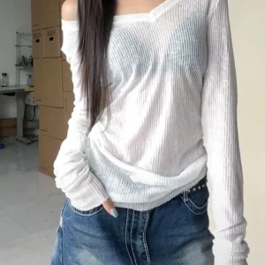 Women Long Sleeve T Shirt Thin Perspective Summer Solid Slim Casual Shirts Female Pullovers Basic Tee Y2k Clothes Streetwear Top