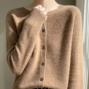 Women 100% Merino Wool Cardigan Soft O-Neck Cashmere Sweater OL Buttoned Knitwear Casual Top Clothing Korean Style