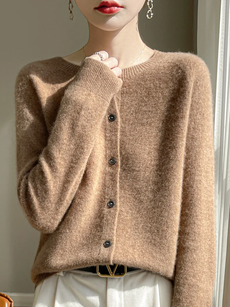 Women 100% Merino Wool Cardigan Soft O-Neck Cashmere Sweater OL Buttoned Knitwear Casual Top Clothing Korean Style - Image 7
