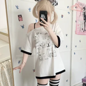 Japanese Y2k Subculture Cute T Shirt Off-shoulder White Short-sleeved Summer T-shirt Woman Cartoon Print Sweet Harajuku Tees
