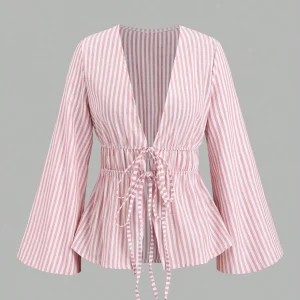 Striped Tie Bow Puff Sleeve Shirt
