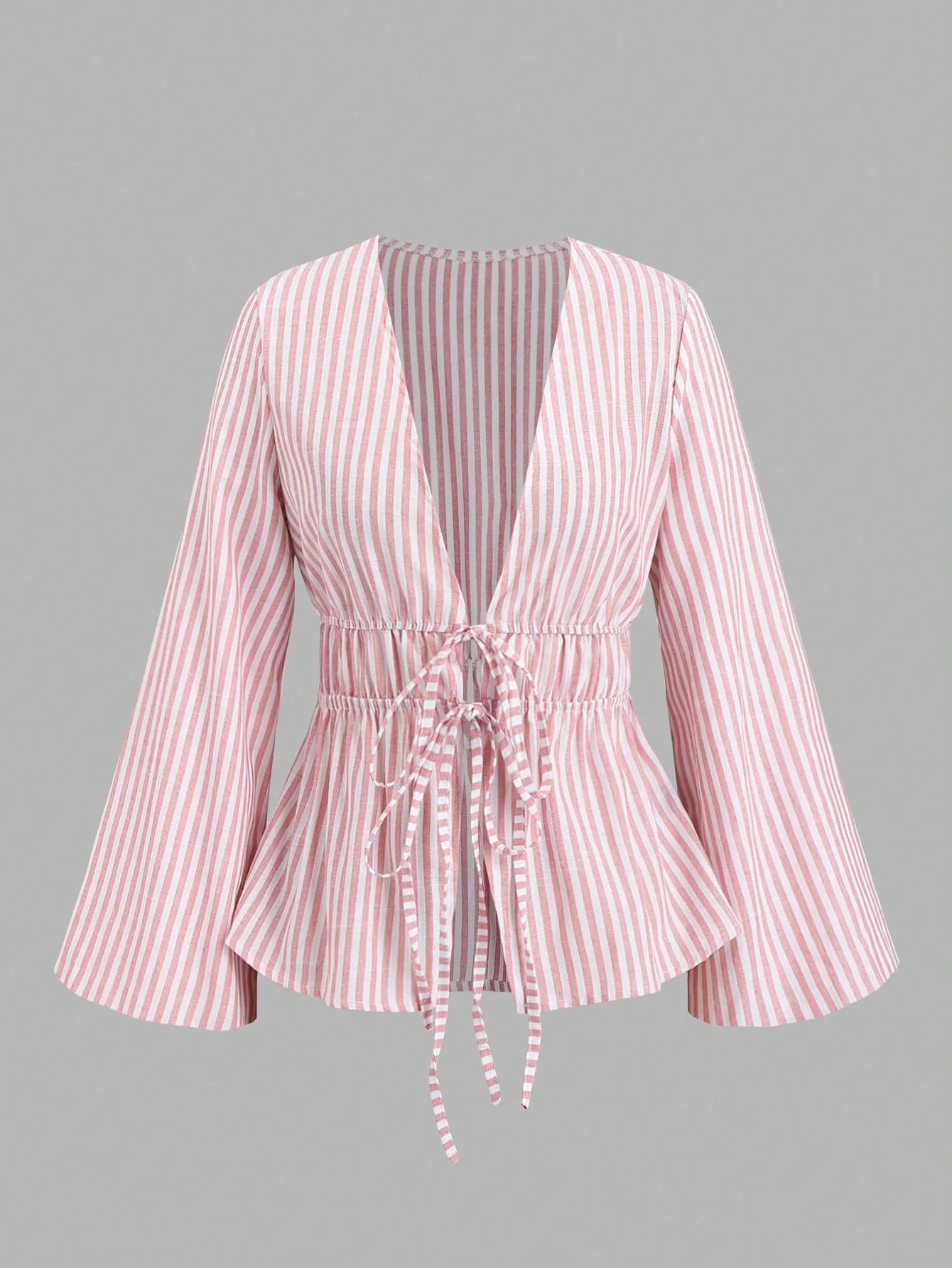 Striped Tie Bow Puff Sleeve Shirt - Image 13