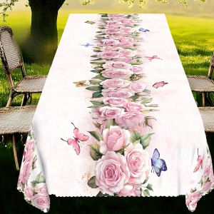 Spring Pink Rose Flowers Linen Tablecloth Wedding Party Decor Seasonal Floral Butterfly Table Cloths Mother's Day Decorations