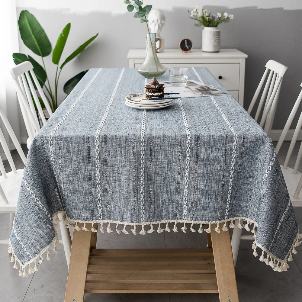 Cotton Linen Stripe Tassel Tablecloth Stain Resistant Dust-Proof Table Cover for Kitchen Dinning Tabletop Decoration Rectangular - Image 7