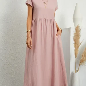 Women Vintage Solid Dress 2023 Summer Elegant O Neck Short Sleeve Cotton Linen Dresses Female Casual Loose Sundress Long Dress