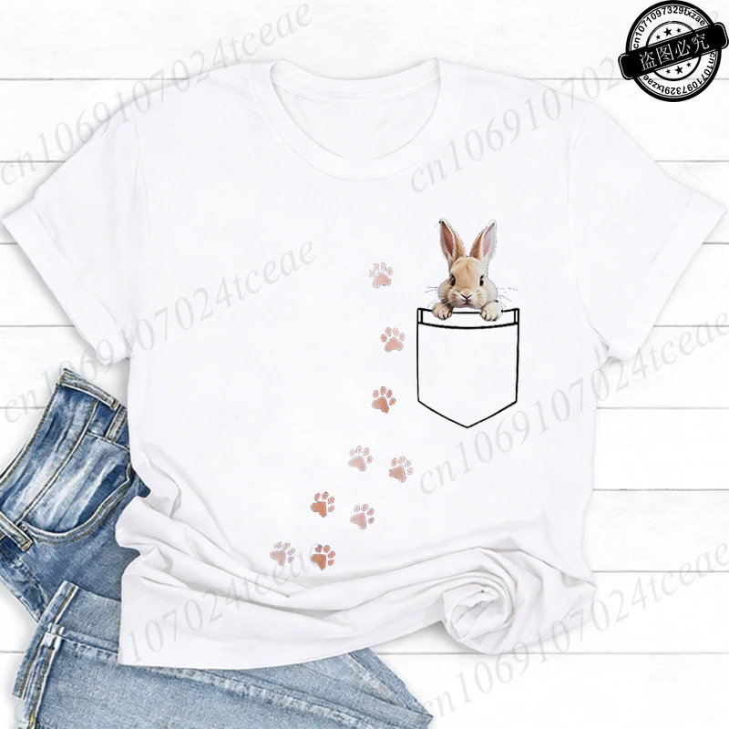 Pocket Bunny T-Shirts – Cute Rabbit Paw Prints T-Shirt Funny Bunny Graphic Tee Tops Sweet Rabbit Sitting in The Pocket Shirt - Image 5