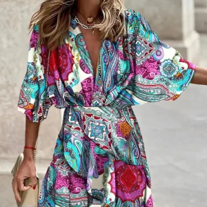 Women Print Dress Sexy V-Neck Bat Sleeve Ruffl Flowers Print Bohemian Beach Sundress Ladies Loose Summer Vacation Mini Dresses