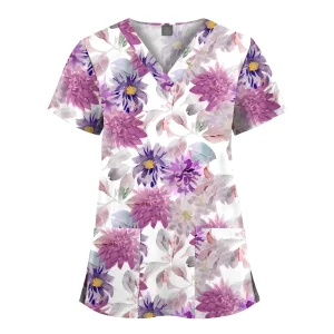 Wholesale Polyester Spandex Uniforms Beautiful Hospital Scrubs Tops Women Nurse Printed Scrub Top Healthcare Nursing Scrub Shirt