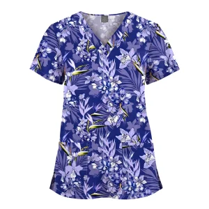 Wholesale Polyester Spandex Uniforms Beautiful Hospital Scrubs Tops Women Nurse Printed Scrub Top Healthcare Nursing Scrub Shirt