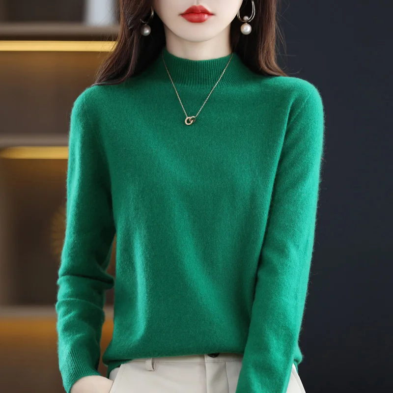 Half High Solid Color Cashmere Sweater For Women Loose Pullover Autumn and Winter Contracted Commuter Basic Knitwear Top Base - الصورة 7