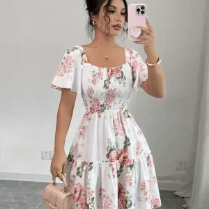 Women Floral Print Sashes Ruffle Hem Short Sleeve Casual Dress, Vacation Style Women's Evening Dresses