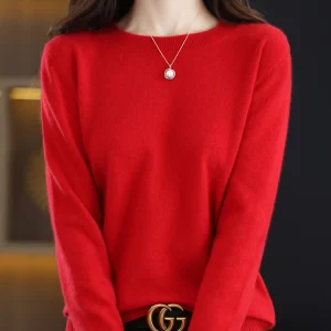 Fashion 100% Merino Wool Sweater Elegant Cashmere Pullover Women O-Neck Long Sleeve Knitwear Basic Clothing Jumper Tops