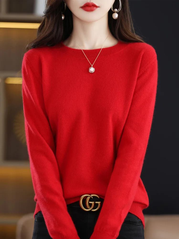 Fashion 100% Merino Wool Sweater Elegant Cashmere Pullover Women O-Neck Long Sleeve Knitwear Basic Clothing Jumper Tops - Image 13