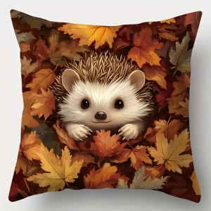 1pc Autumn Cute Hedgehog Maple Leaf Printed Pillowcase Thanksgiving Decorative Pillowcase Ideal Gift