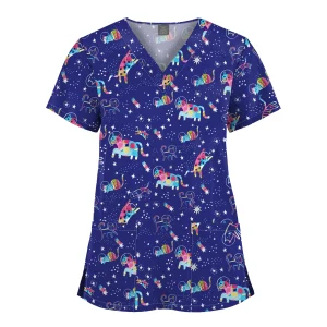 Wholesale Polyester Spandex Uniforms Beautiful Hospital Scrubs Tops Women Nurse Printed Scrub Top Healthcare Nursing Scrub Shirt
