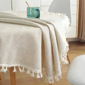 Solid Color Round Tablecloth Cotton Linen Fabric Tassel Dust-Proof Table Cover for Kitchen Dinning Farmhouse Tabletop Decoration