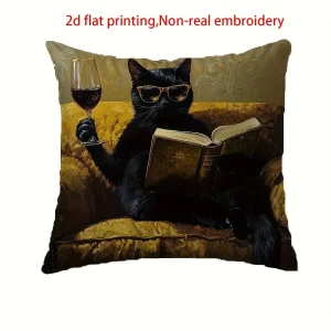 Cool Black Cat Reading Book with Wine Glass 2D Printed Pillow Cover Sofa cushion cover, home decoration, 2D printing