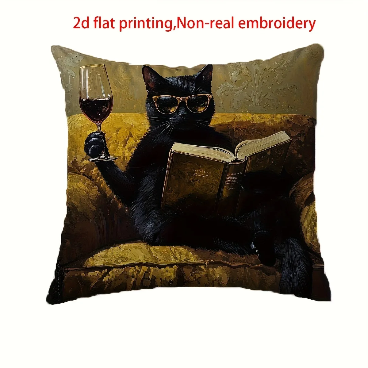 Cool Black Cat Reading Book with Wine Glass 2D Printed Pillow Cover Sofa cushion cover, home decoration, 2D printing - Image 4