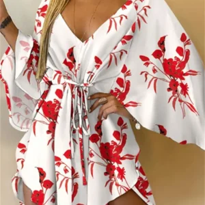 Women Print Dress Sexy V-Neck Bat Sleeve Ruffl Flowers Print Bohemian Beach Sundress Ladies Loose Summer Vacation Mini Dresses