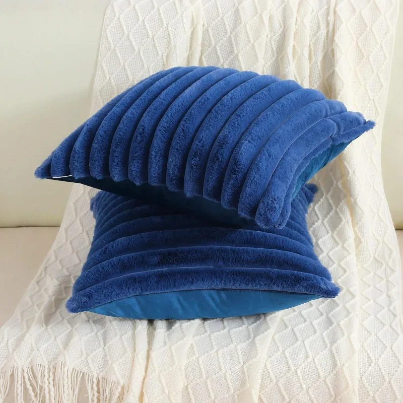 Faux Rabbit Fur Square Cushion Cover Big Thick Striped Super Soft Solid Color Pillow Cover 24×24inch Sofa Decor Cushion Covers - الصورة 6