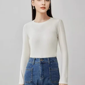 SuyaDream Women Knitted T Shirt Silk Viscose Blend Long Sleeves Solid Basic Cozy Tee 2026 Spring Summer Ribs Top Pink Blue