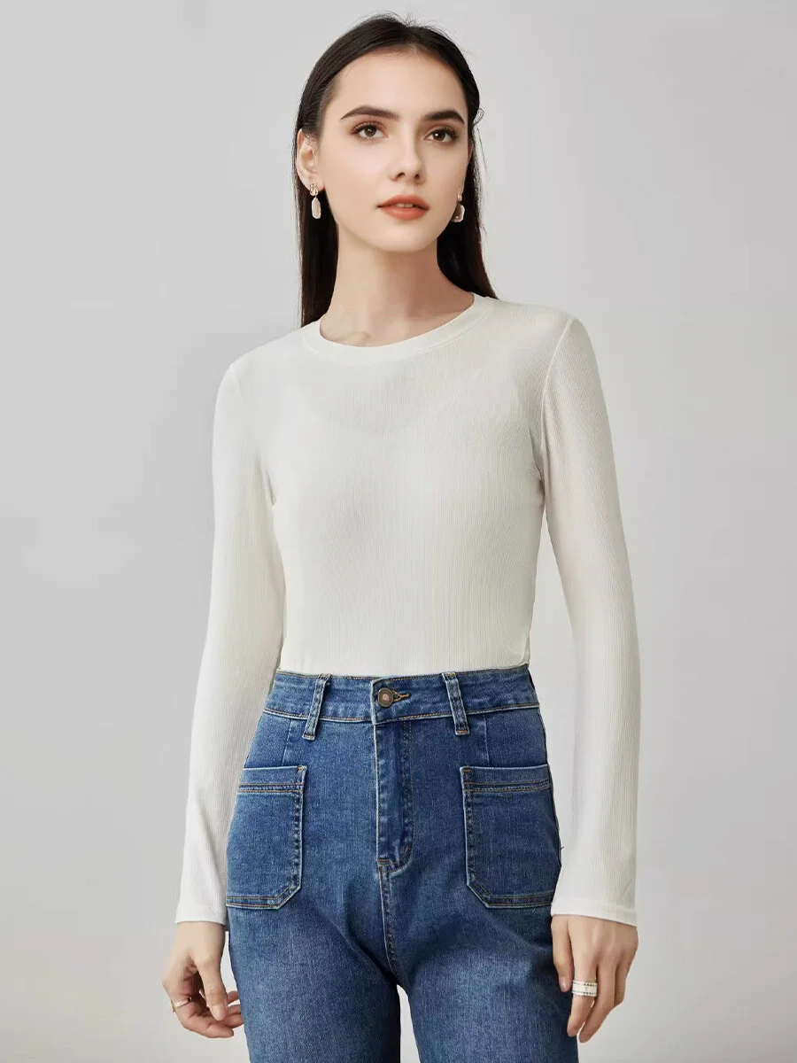 SuyaDream Women Knitted T Shirt Silk Viscose Blend Long Sleeves Solid Basic Cozy Tee 2026 Spring Summer Ribs Top Pink Blue - Image 6