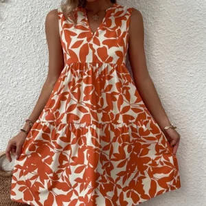 Women Boho Print Mini Dress Summer Elegant Sleeveless V Neck Ruffle A Line Tank Dress Casual Loose Oversize Beach Party Sundress