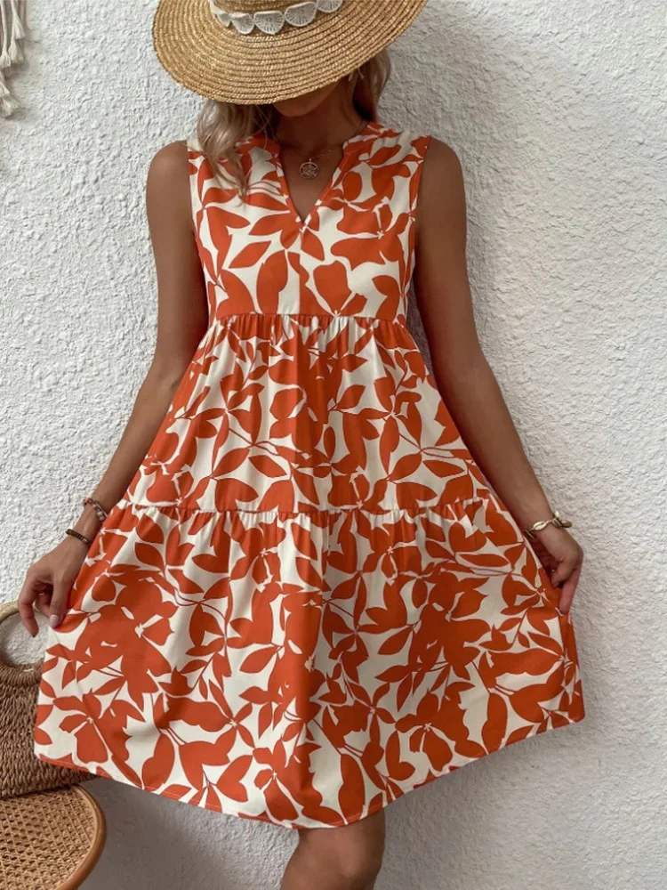Women Boho Print Mini Dress Summer Elegant Sleeveless V Neck Ruffle A Line Tank Dress Casual Loose Oversize Beach Party Sundress - الصورة 8