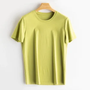SuyaDream Women Solid T shirts, Silk Cotton Blend, O Neck, Short Sleeved Solid Tee,2025 Summer Candy Colors Basic Cozy Top Green
