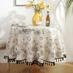 Green Leaves Print Round Tablecloth Cotton Linen Boho Table Cloth with Tassels for Kitchen Restaurant Christmas Party Decoration