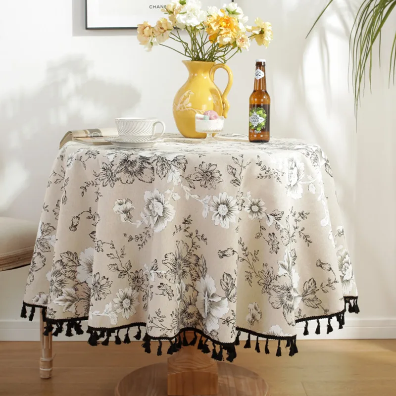 Green Leaves Print Round Tablecloth Cotton Linen Boho Table Cloth with Tassels for Kitchen Restaurant Christmas Party Decoration - الصورة 8