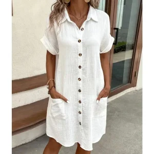 Summer Solid Simple Short Sleeve Shirt Dress Women's Turn-down Collar Single Breasted Casual Elegant Ladies Loose Dresses