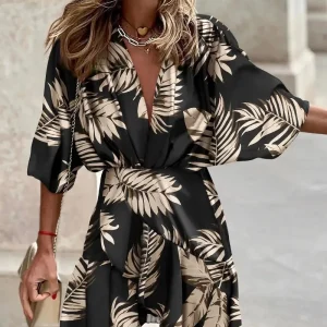 Women Print Dress Sexy V-Neck Bat Sleeve Ruffl Flowers Print Bohemian Beach Sundress Ladies Loose Summer Vacation Mini Dresses