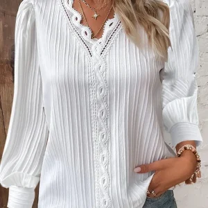 Elegant Summer Hollow Lace Patchwork Women Shirt Chic Blouse V Neck Long Sleeve Shirt Plain Lace Casual Basic Regular Tops