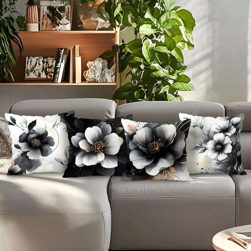 Home Decor Black & White Floral Patterned Cushion Covers Pattern Cushion Cover Suitable for Sofa Bedroom Car Pillow Cover - الصورة 4