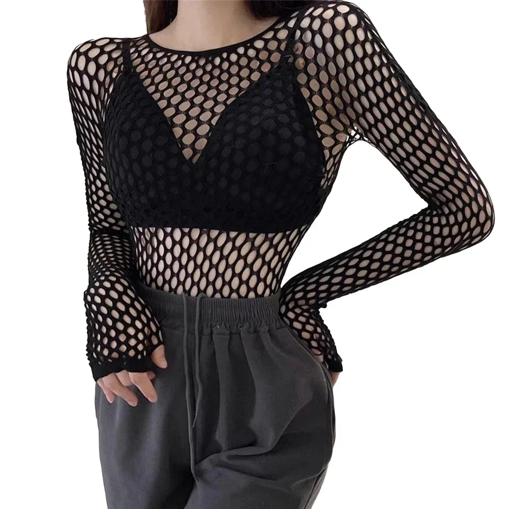 Womens Sexy Mesh Long Sleeve Fishnets Tops Fun Fashion Slim Fit Tops Hollow Out See Through Loose Female T-shirts Crop soft Top - الصورة 3