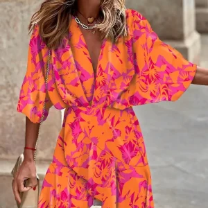 Women Print Dress Sexy V-Neck Bat Sleeve Ruffl Flowers Print Bohemian Beach Sundress Ladies Loose Summer Vacation Mini Dresses