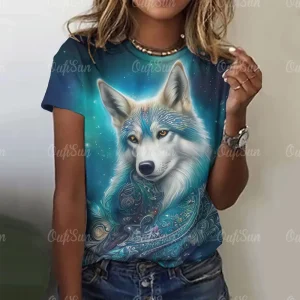 New T-shirt For Women Wolf Print Tees O Neck Loose Short Sleeve Blouse Female Fashion Animal Graphic Tops Harajuku Streetwear
