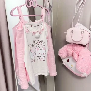 Sweet Japanese T-shirts Women's Clothing Pink Butterfly Patchwork Lace Slash Neck Tees Anime Print Off Shoulder Cute Y2k Tops