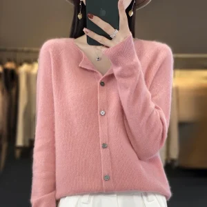 Fashion Women 100% Merino Wool Cardigans Cashmere Sweater Autumn Winter O-neck Long Sleeve Knitwear Female Basic Clothing Tops