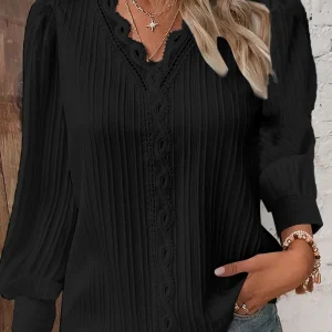 Elegant Summer Hollow Lace Patchwork Women Shirt Chic Blouse V Neck Long Sleeve Shirt Plain Lace Casual Basic Regular Tops