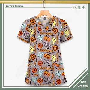 Surgical Uniform Printing Holiday Beautiful Shirt V-neck Style Pocket Design Blouse Surgical Top Woman Men Nurse Medical Uniform
