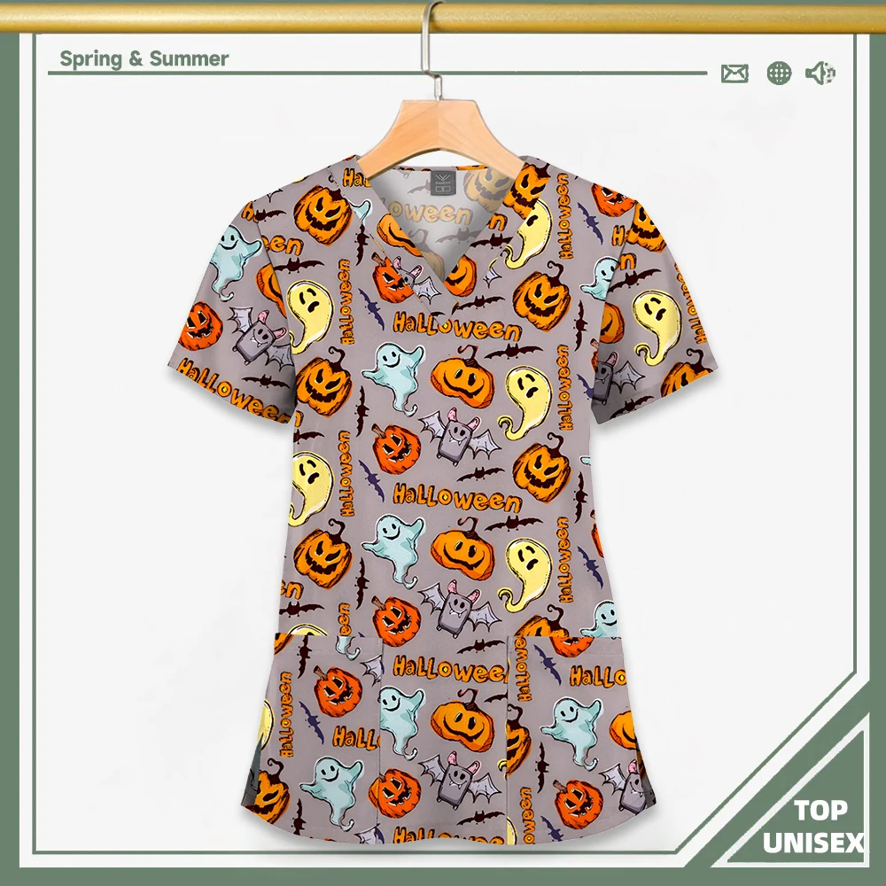 Surgical Uniform Printing Holiday Beautiful Shirt V-neck Style Pocket Design Blouse Surgical Top Woman Men Nurse Medical Uniform - الصورة 15