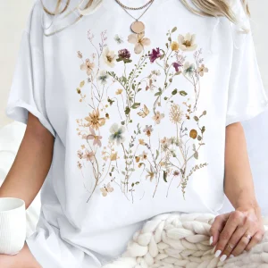Beautiful Flower Clusters Printing Woman T-Shirt Summer Oversized Short Sleeve O-Neck Cotton T Shirts Y2K Women Sports Tops