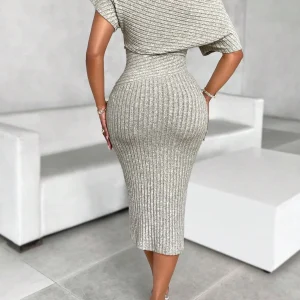 Women's Fashion Solid Color Asymmetric Shoulder Textured Fabric Dress