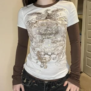 Street Hottie Fake Two T-shirts American Retro Print Tshirt EMO Harajuku Stitching Tees American Fashion Punk Top Ropa Mujer